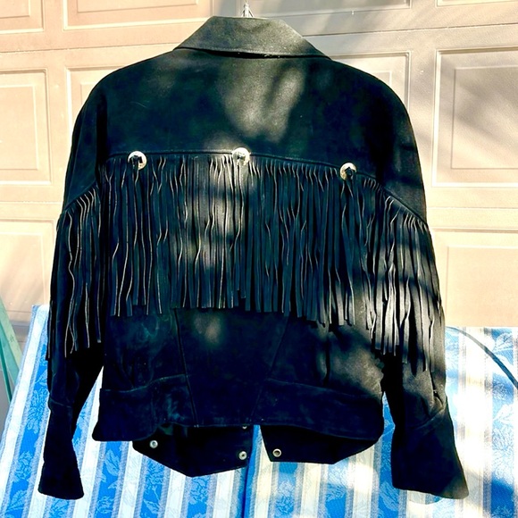 Vintage Jackets & Blazers - VINTAGE western style fringe black suede leather 90’s coat